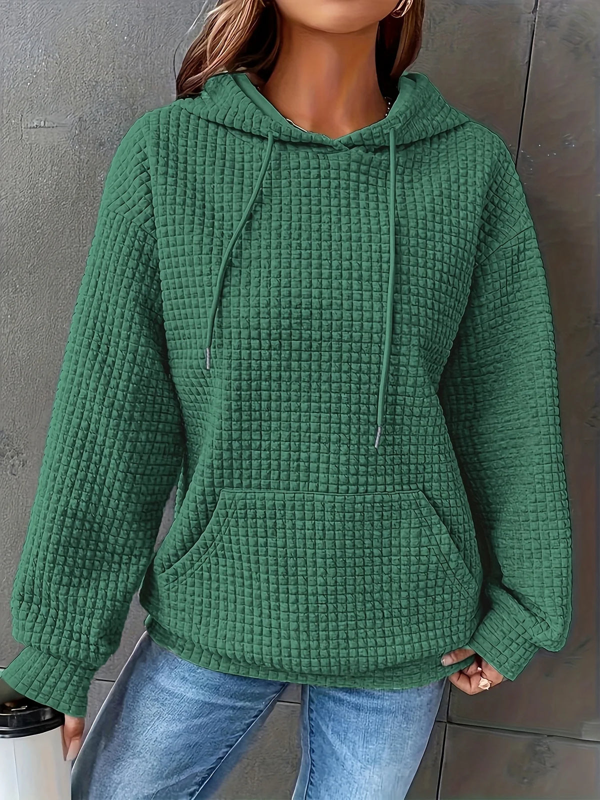 Women Waffle Knit Hoodie Pullover Sweatshirt With Kangaroo Pocket
