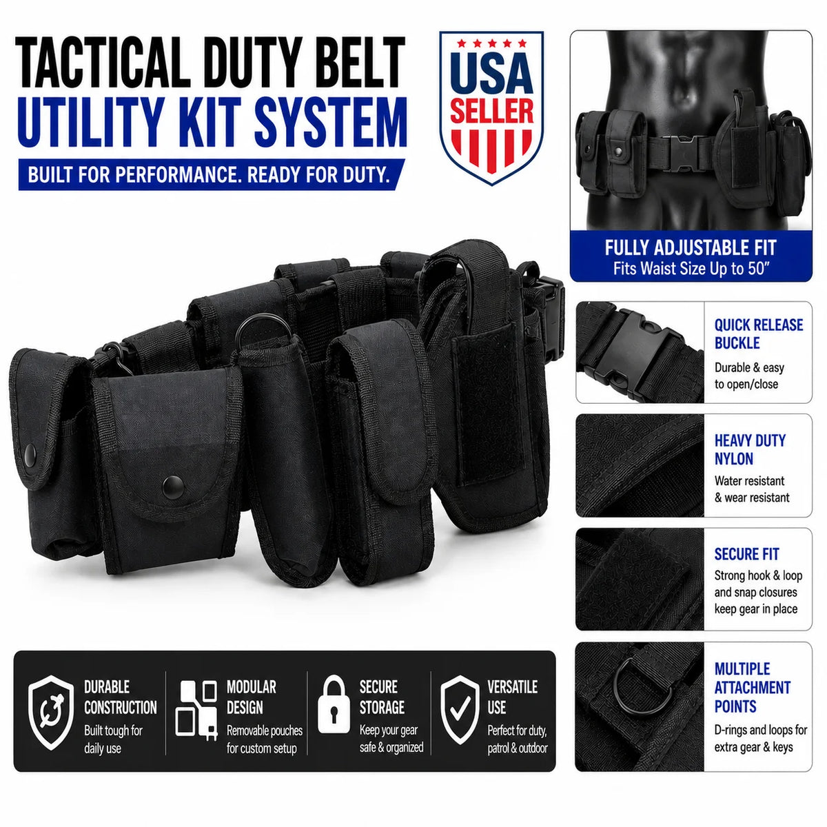 Adjustable Tactical Nylon Duty Belt With Modular Pouches