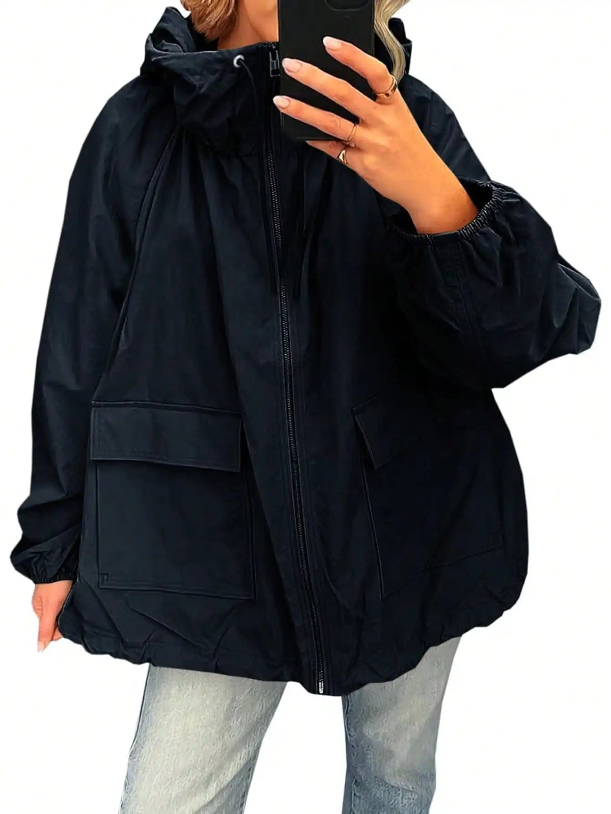 Waterproof Womens Raincoat Lightweight Hooded Windbreaker With Pockets