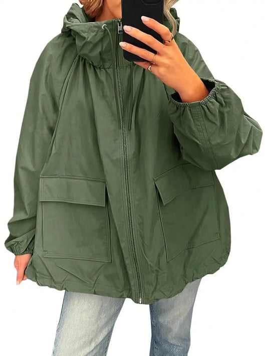 Waterproof Womens Raincoat Lightweight Hooded Windbreaker With Pockets