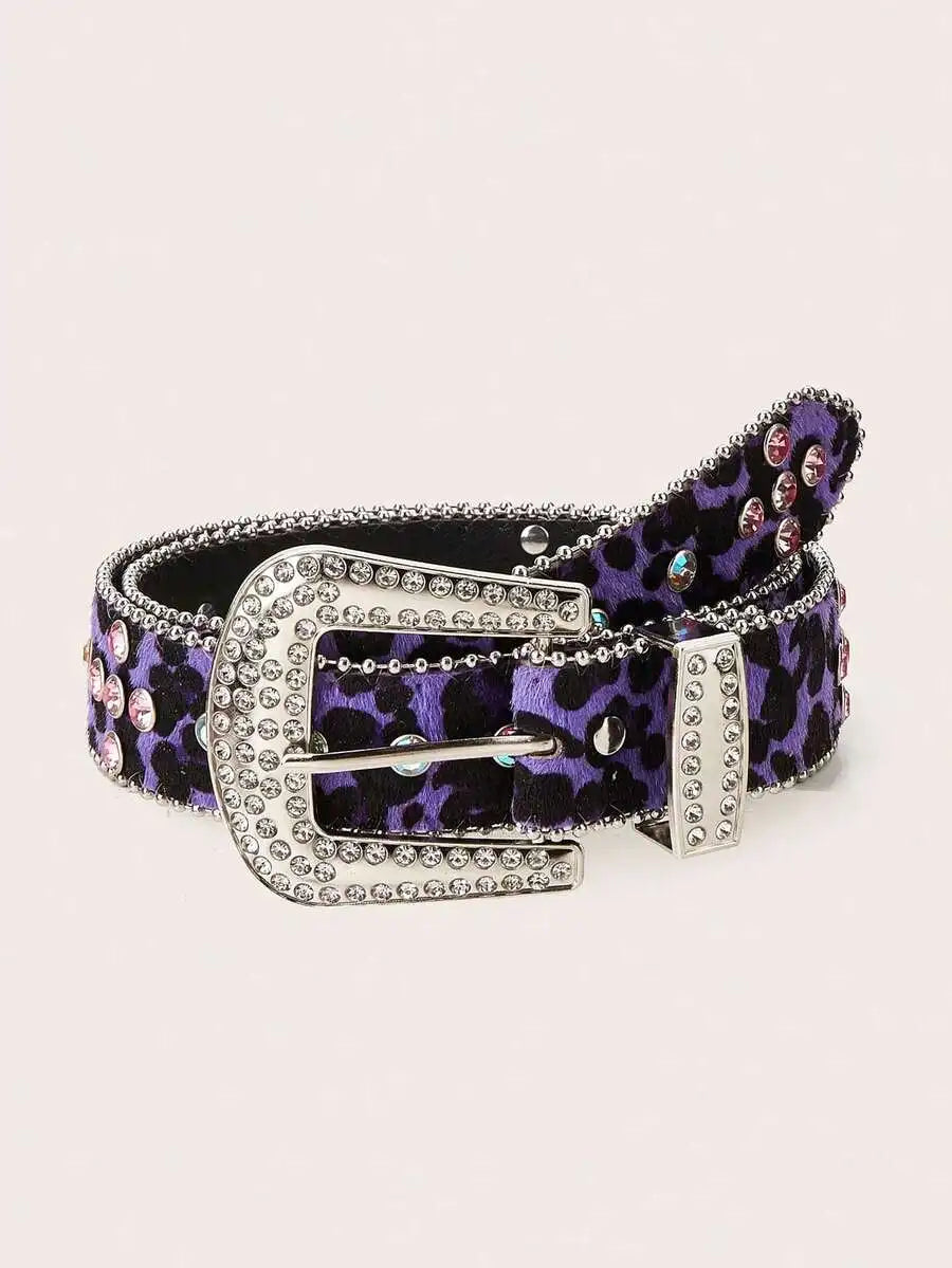 Women Y2K Punk Fashion Rhinestone Leopard PU Leather Belt