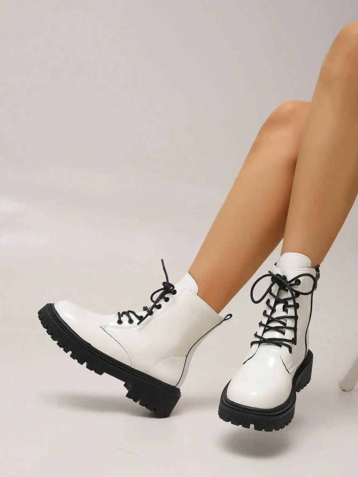 Women Leather Lace Up Platform Ankle Boots Thick Sole