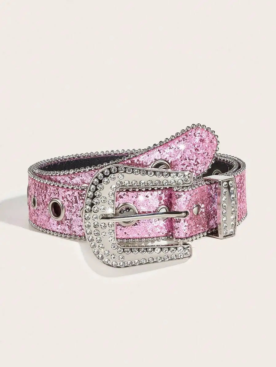 Women Y2K Punk Fashion Rhinestone Leopard PU Leather Belt