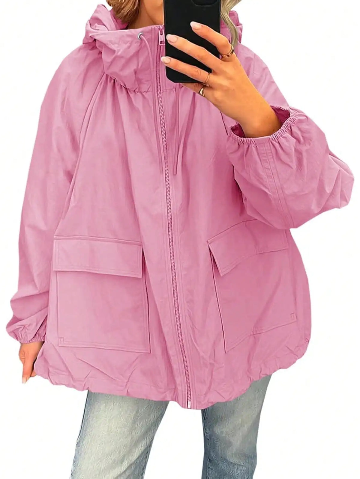 Waterproof Womens Raincoat Lightweight Hooded Windbreaker With Pockets