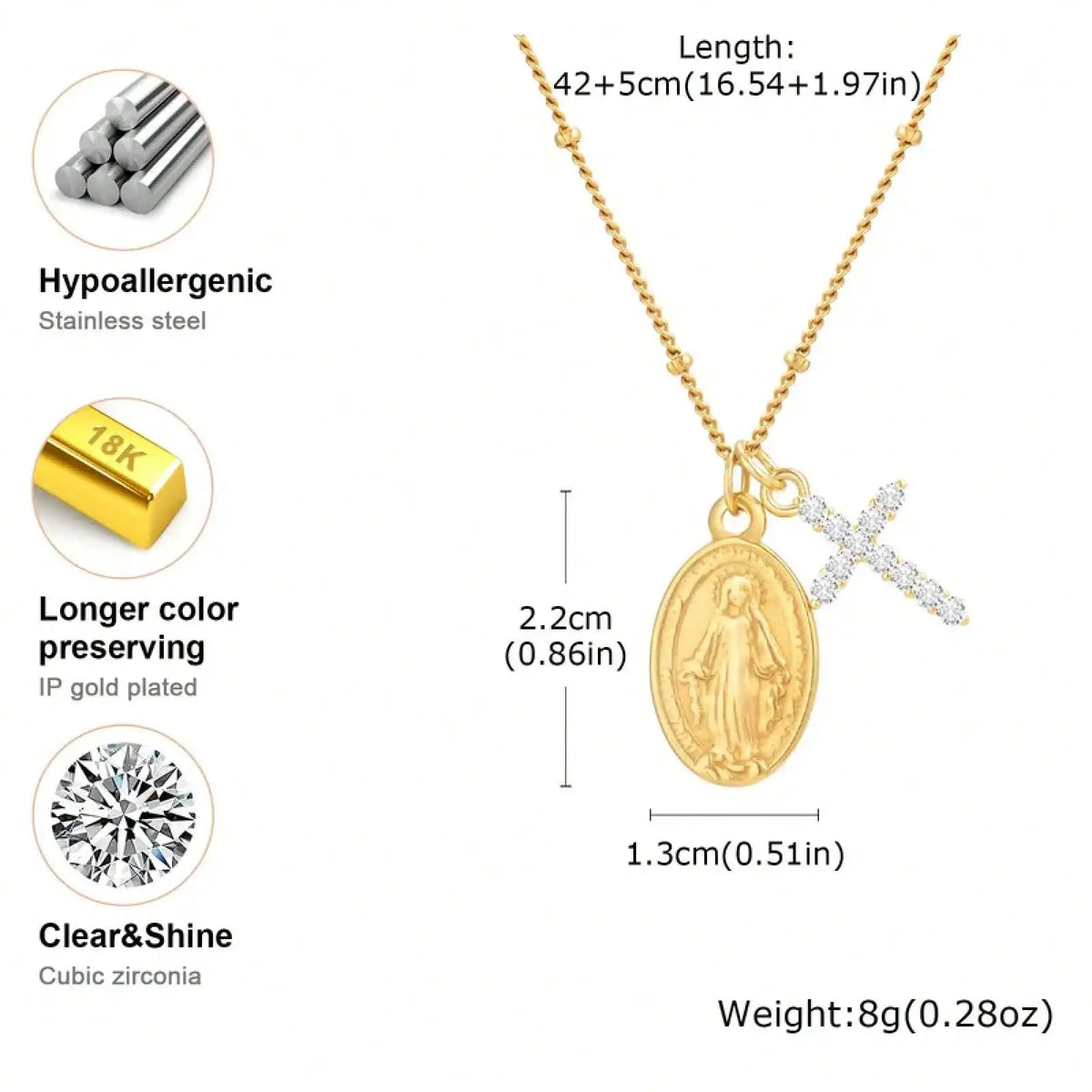 Stainless Steel Cross Virgin Mary Religious Pendant Necklace