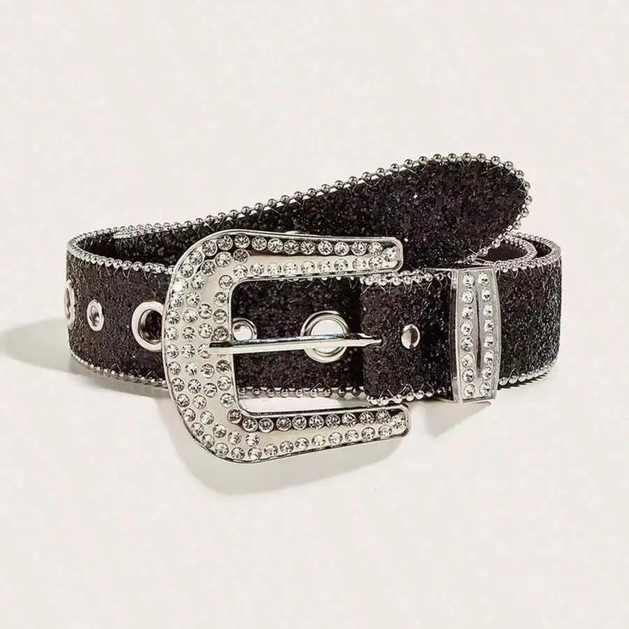 Women Y2K Punk Fashion Rhinestone Leopard PU Leather Belt
