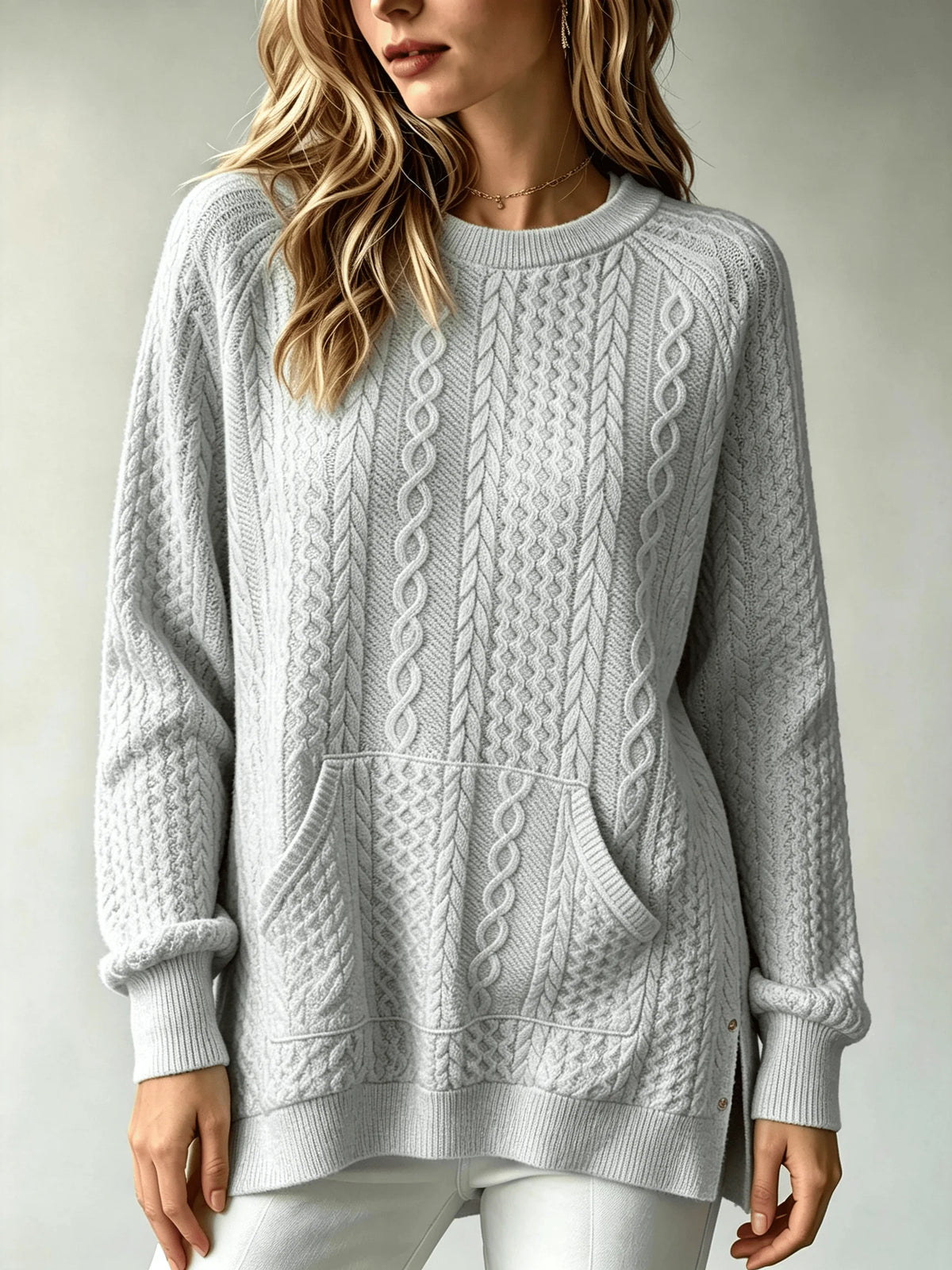 Women Cable Knit Sweater Kangaroo Pocket Long Sleeve Crew Neck