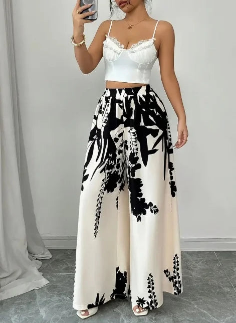 Women Floral Print High Waist Elastic Satin Palazzo Pants