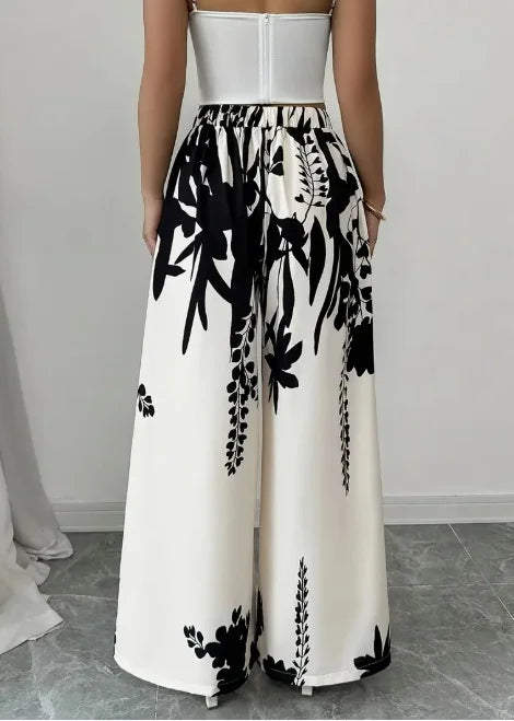 Women Floral Print High Waist Elastic Satin Palazzo Pants
