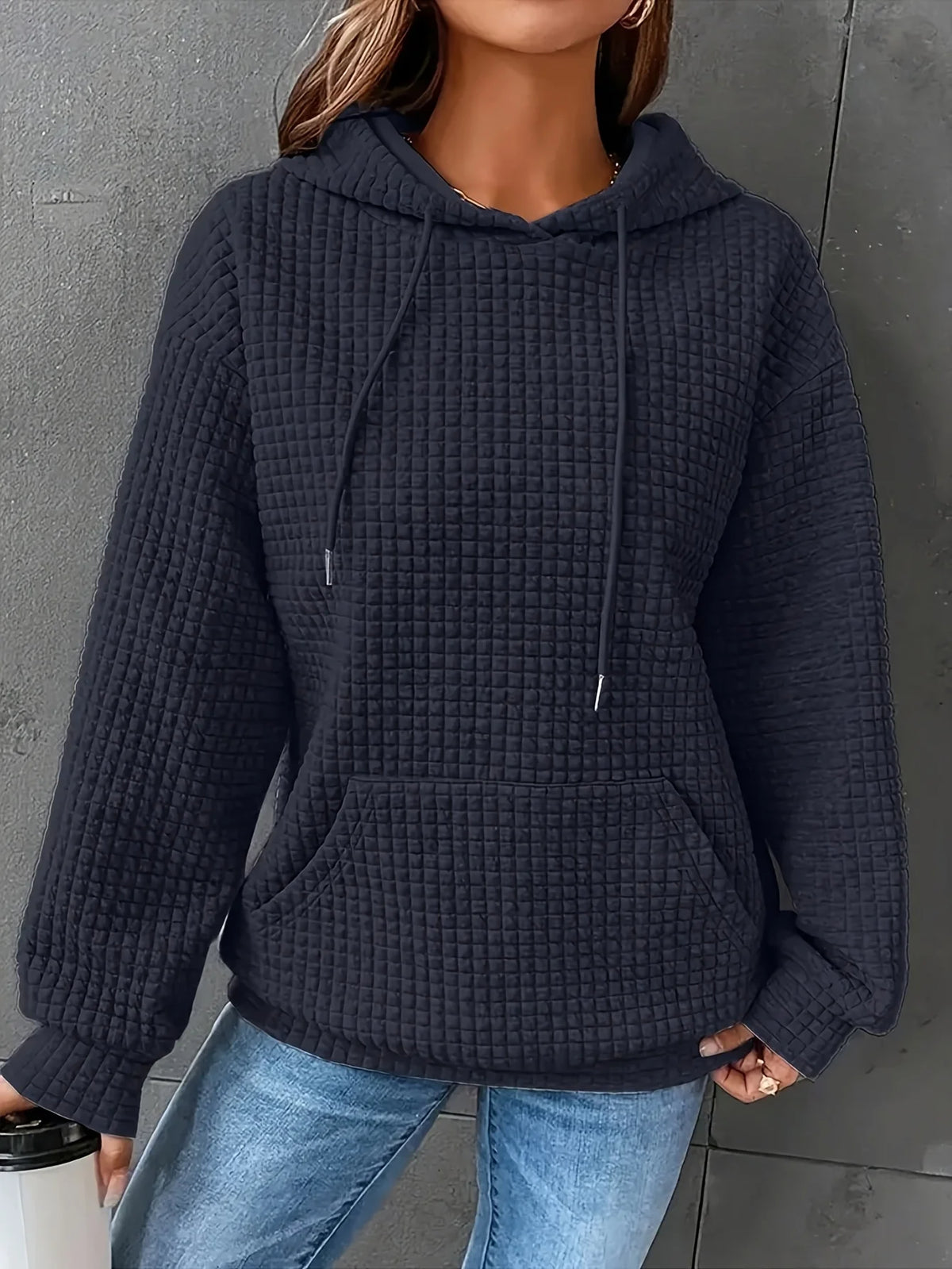 Women Waffle Knit Hoodie Pullover Sweatshirt With Kangaroo Pocket