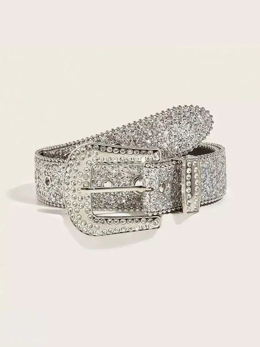 Women Y2K Punk Fashion Rhinestone Leopard PU Leather Belt