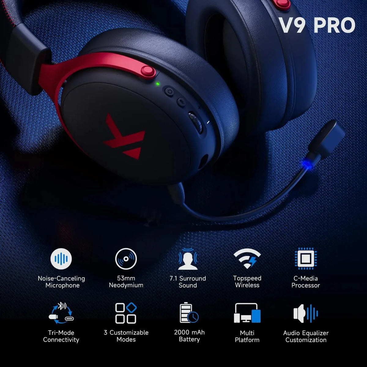 MCHOSE V9 Pro Wireless Gaming Headset With Virtual Surround Sound