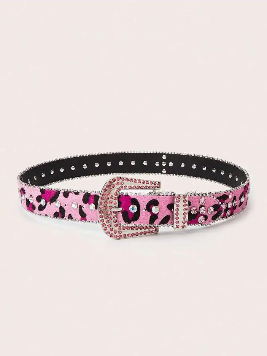 Women Y2K Punk Fashion Rhinestone Leopard PU Leather Belt