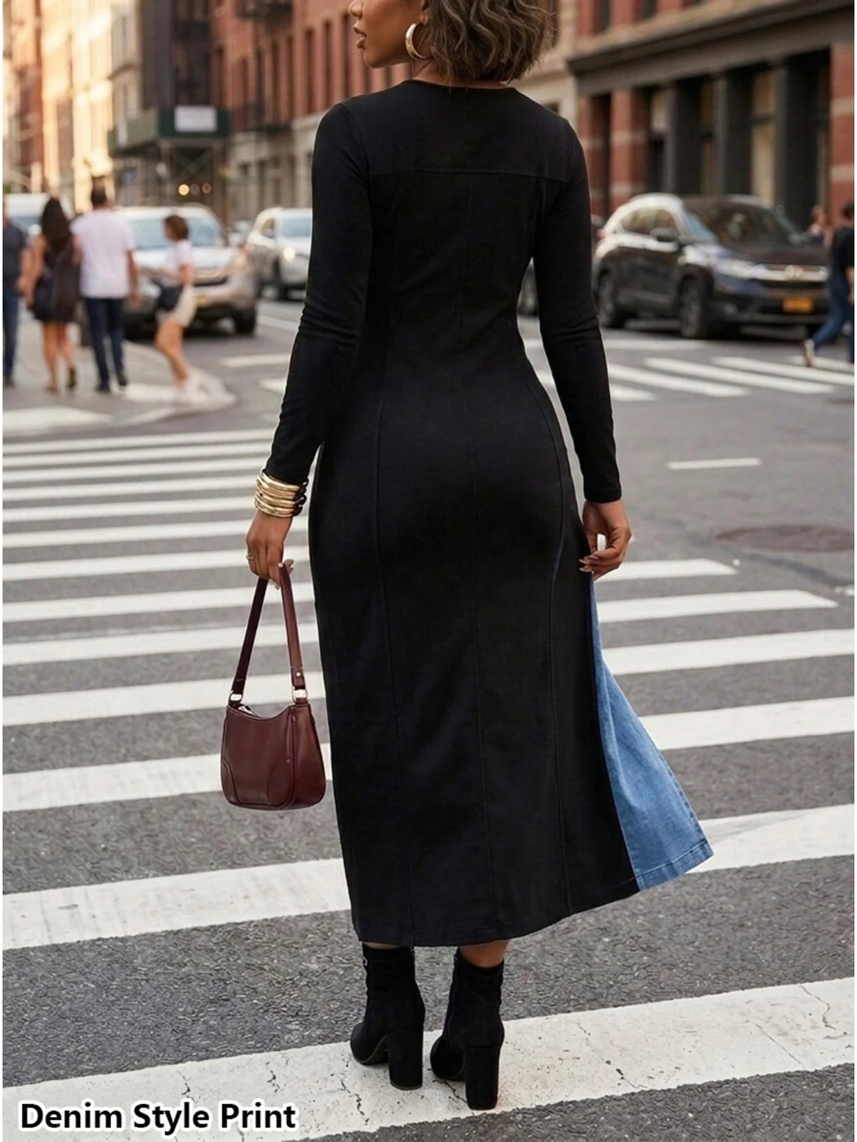 Women Patchwork Knit Polyester Casual Long Sleeve Front Slit Dress