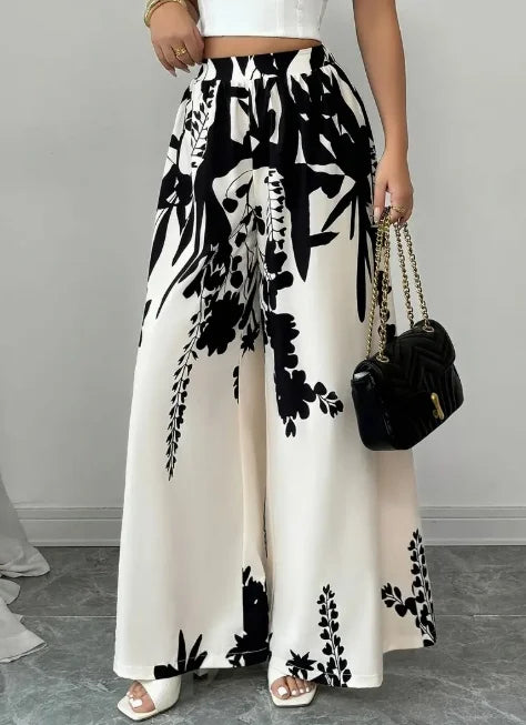 Women Floral Print High Waist Elastic Satin Palazzo Pants
