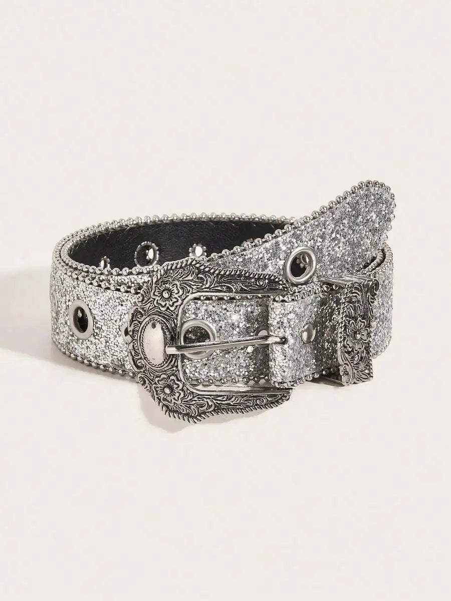 Women Y2K Punk Fashion Rhinestone Leopard PU Leather Belt