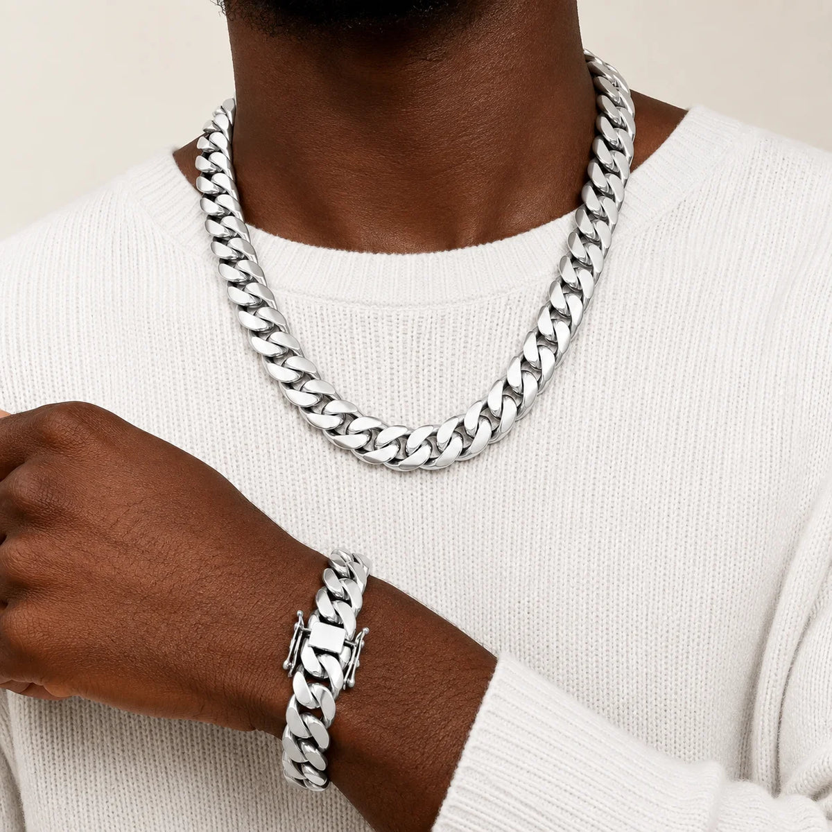 Polished Stainless Steel Miami Cuban Chain Necklace For Men