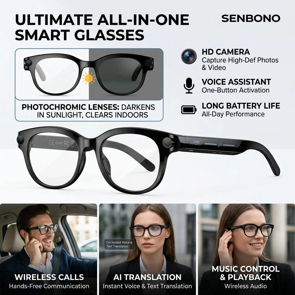 SENBONO AI Smart Glasses With Camera 4K Video AI Translation
