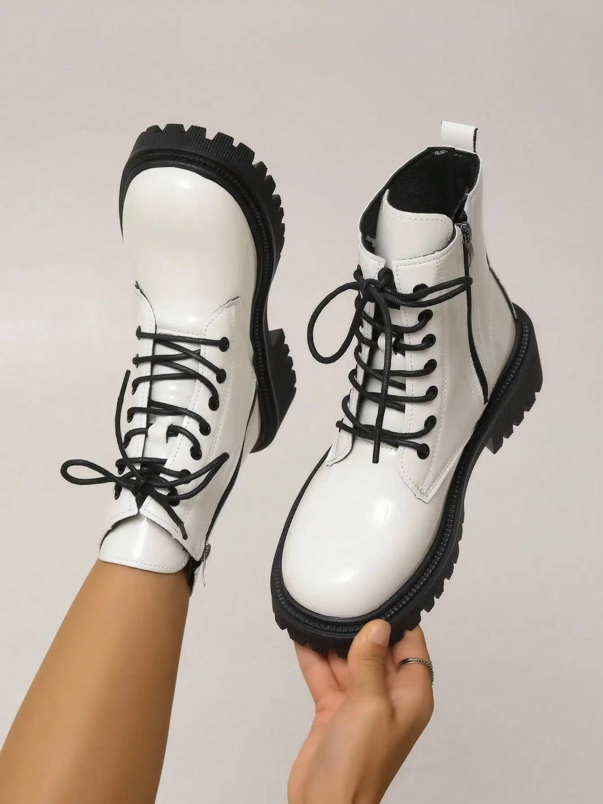 Women Leather Lace Up Platform Ankle Boots Thick Sole