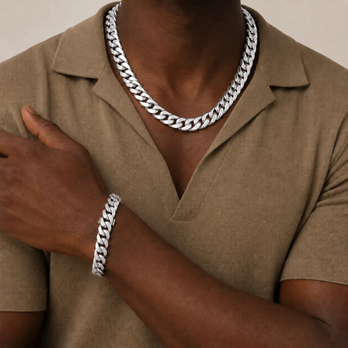 Polished Stainless Steel Miami Cuban Chain Necklace For Men