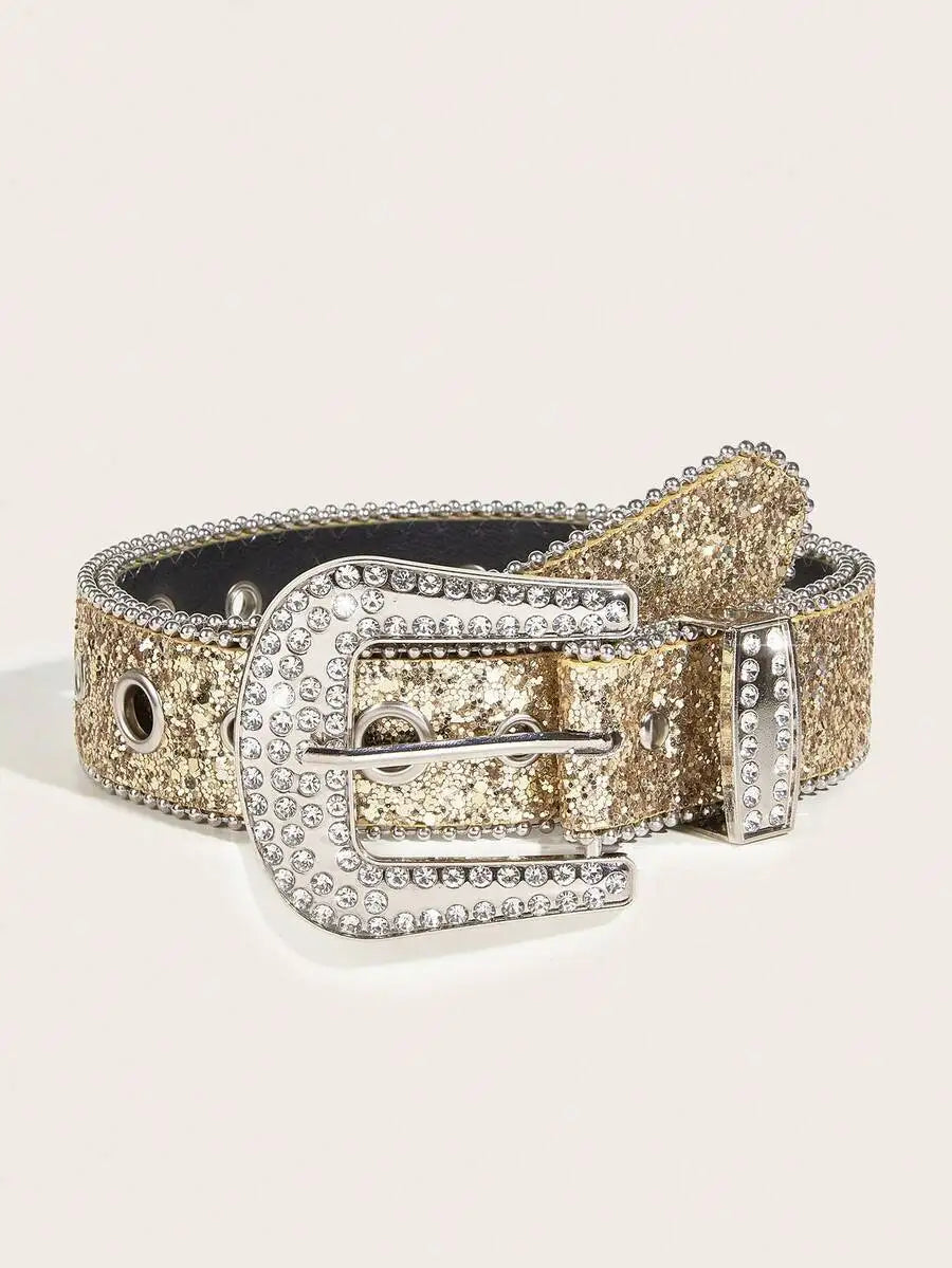 Women Y2K Punk Fashion Rhinestone Leopard PU Leather Belt