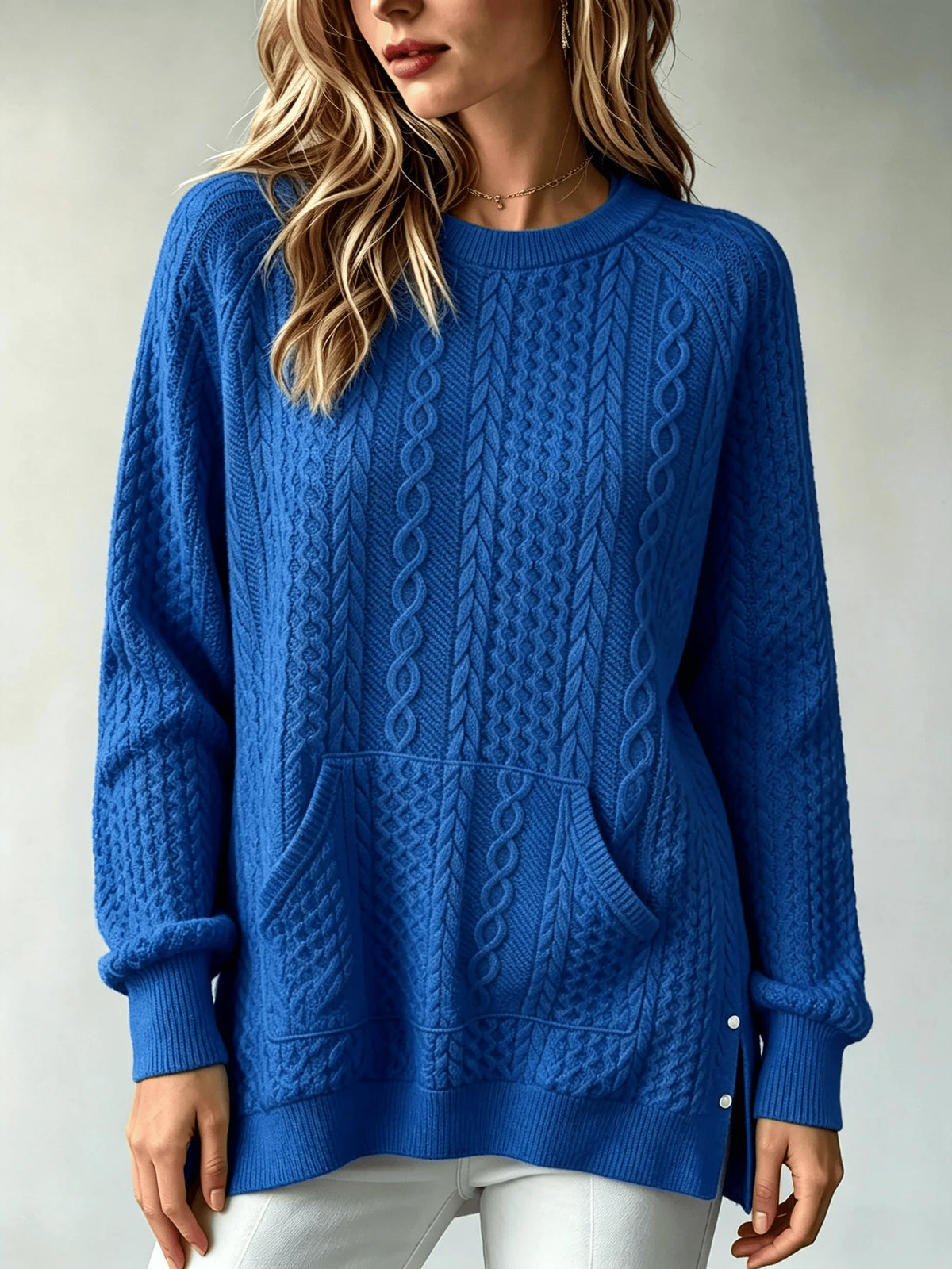 Women Cable Knit Sweater Kangaroo Pocket Long Sleeve Crew Neck