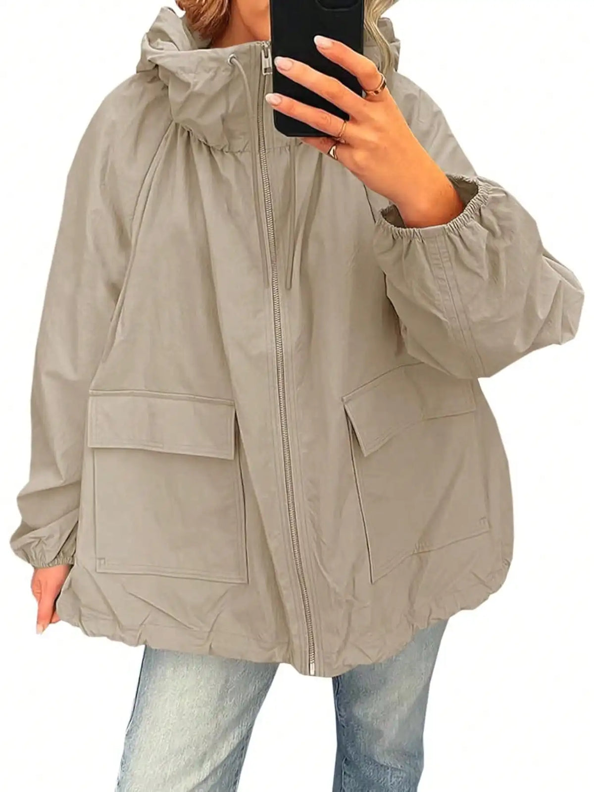 Waterproof Womens Raincoat Lightweight Hooded Windbreaker With Pockets