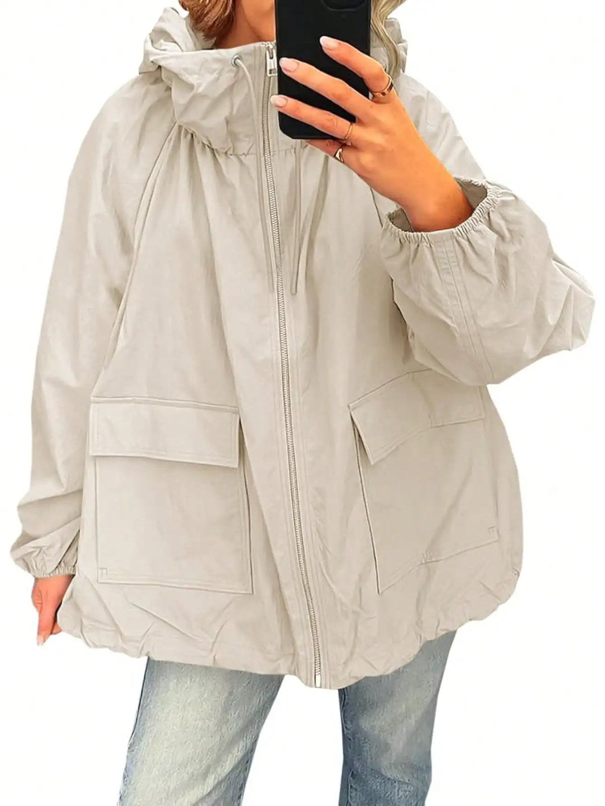 Waterproof Womens Raincoat Lightweight Hooded Windbreaker With Pockets