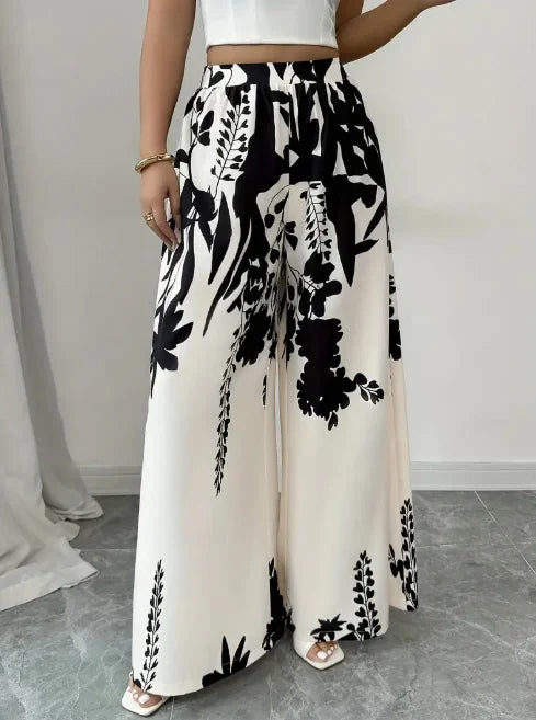 Women Floral Print High Waist Elastic Satin Palazzo Pants