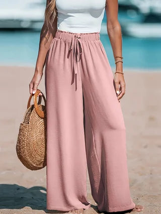 Womens Casual Wide Leg Pants With Elastic Waist Pockets
