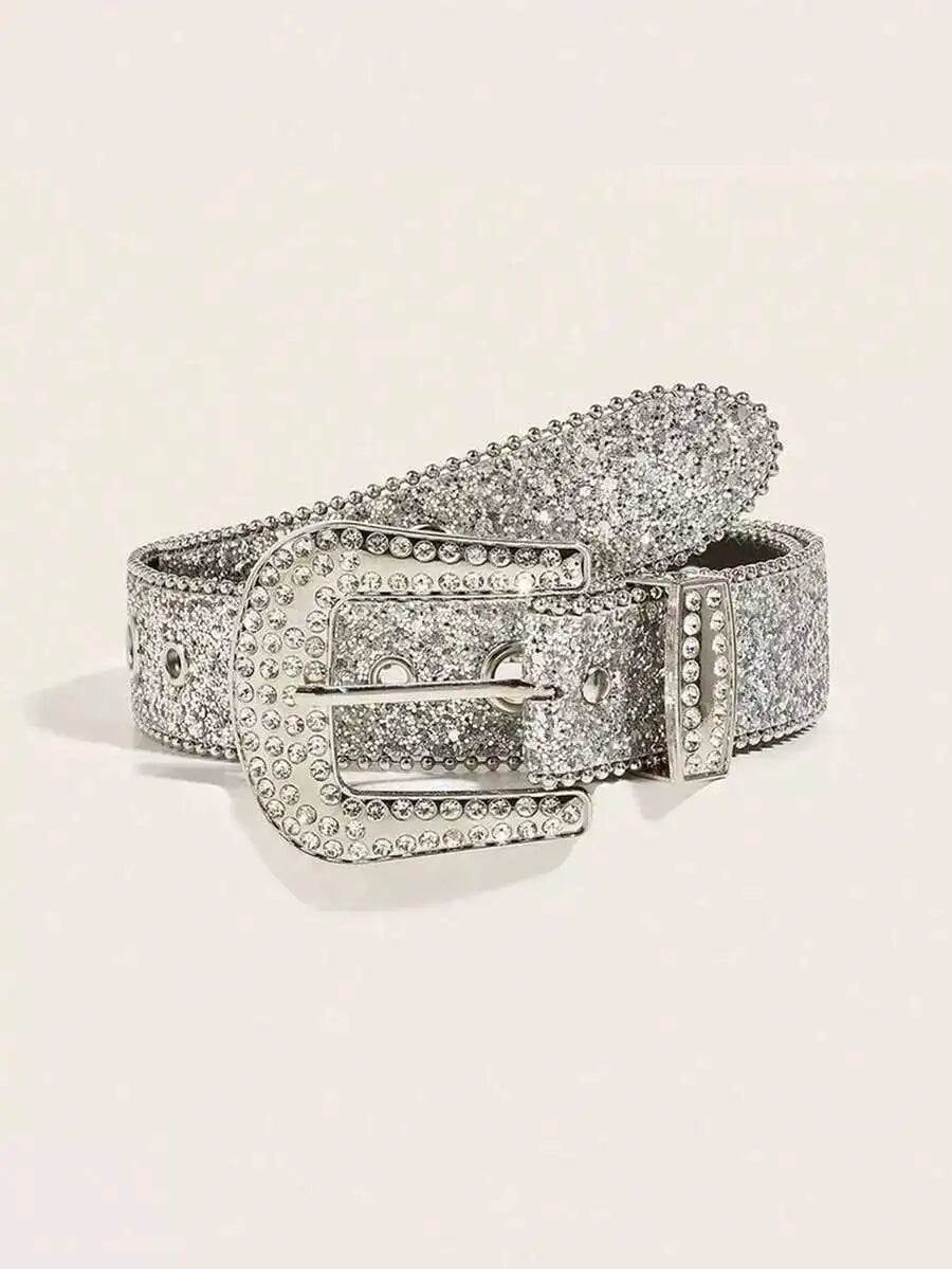 Women Y2K Punk Fashion Rhinestone Leopard PU Leather Belt