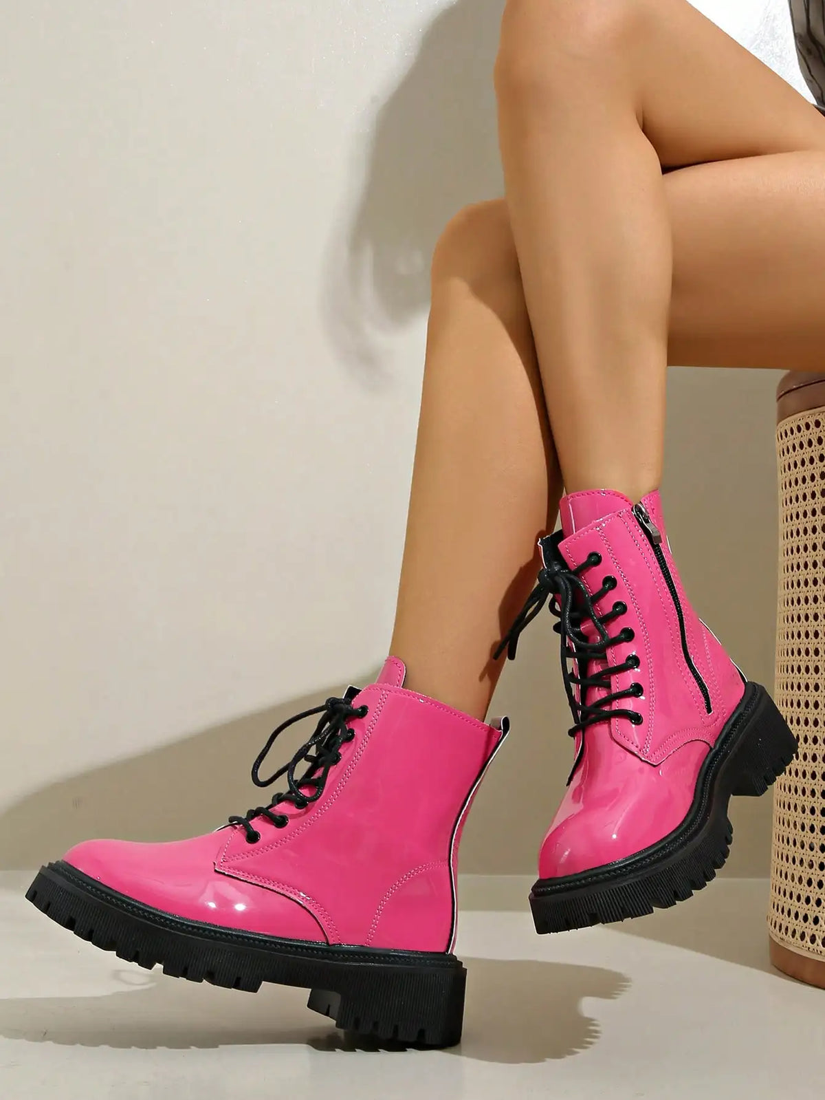 Women Leather Lace Up Platform Ankle Boots Thick Sole