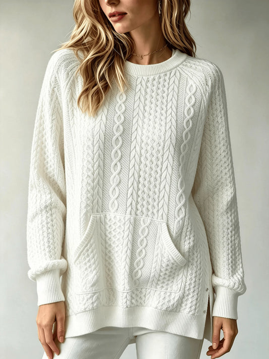 Women Cable Knit Sweater Kangaroo Pocket Long Sleeve Crew Neck