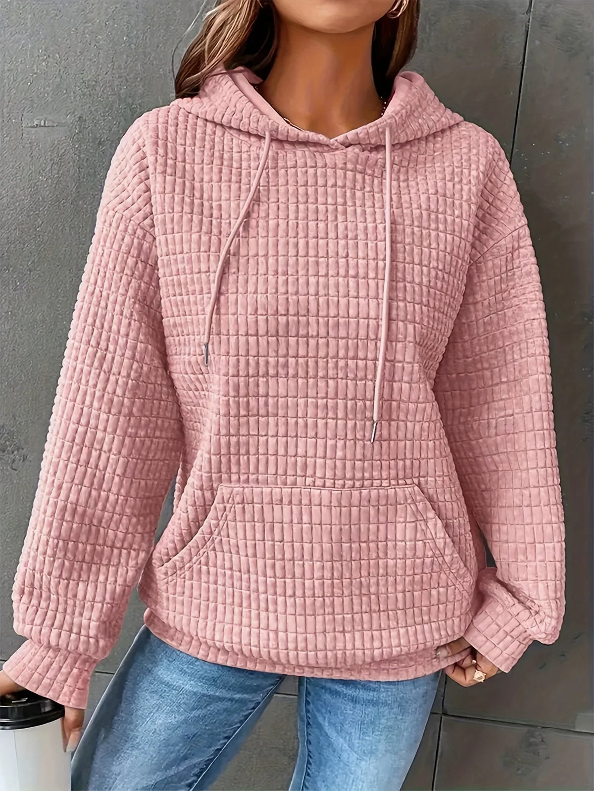 Women Waffle Knit Hoodie Pullover Sweatshirt With Kangaroo Pocket
