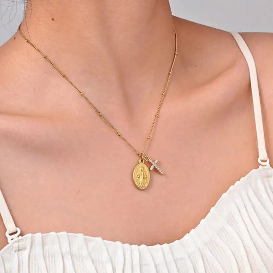 Stainless Steel Cross Virgin Mary Religious Pendant Necklace