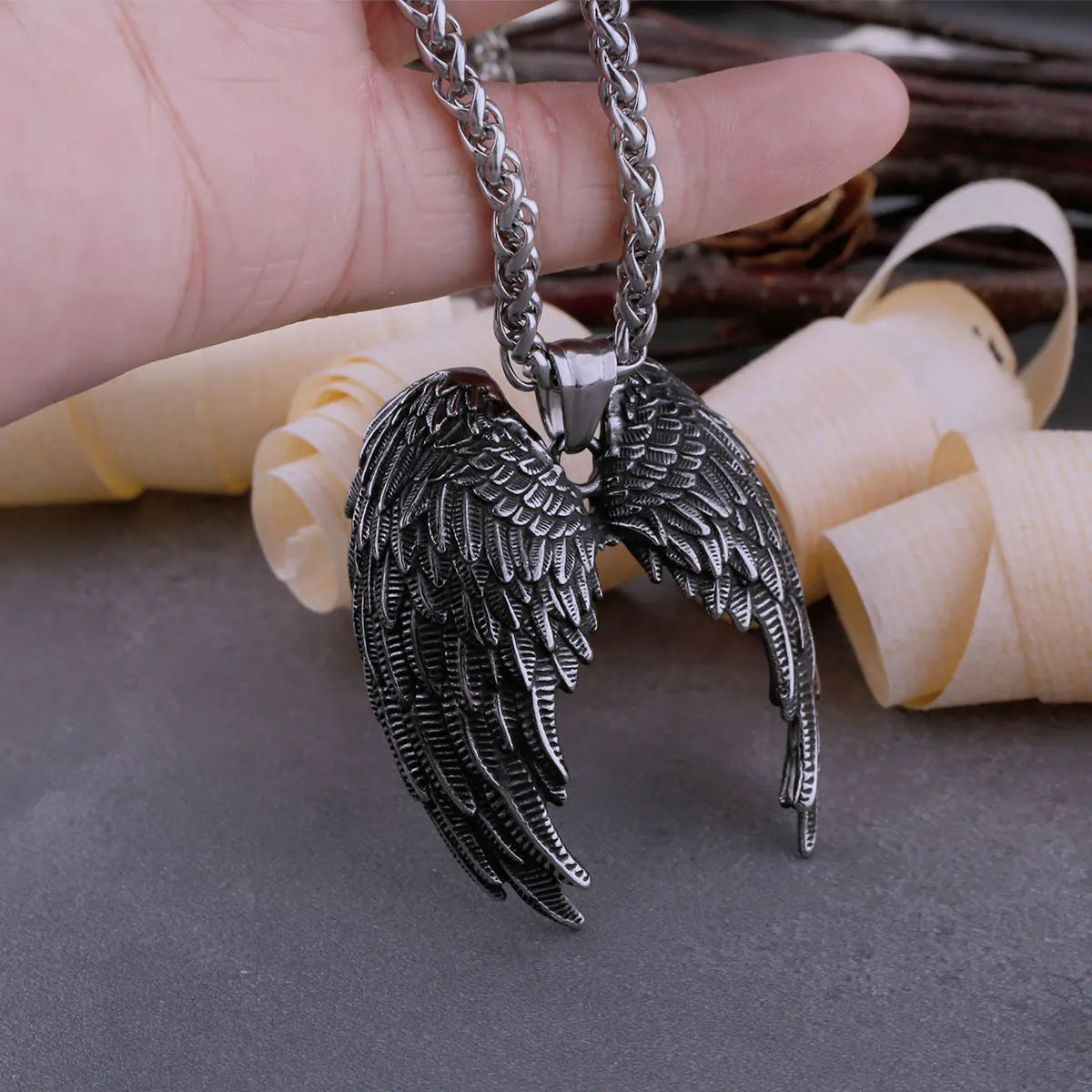 Stainless Steel Angel Wings Pendant Necklace Snake Chain