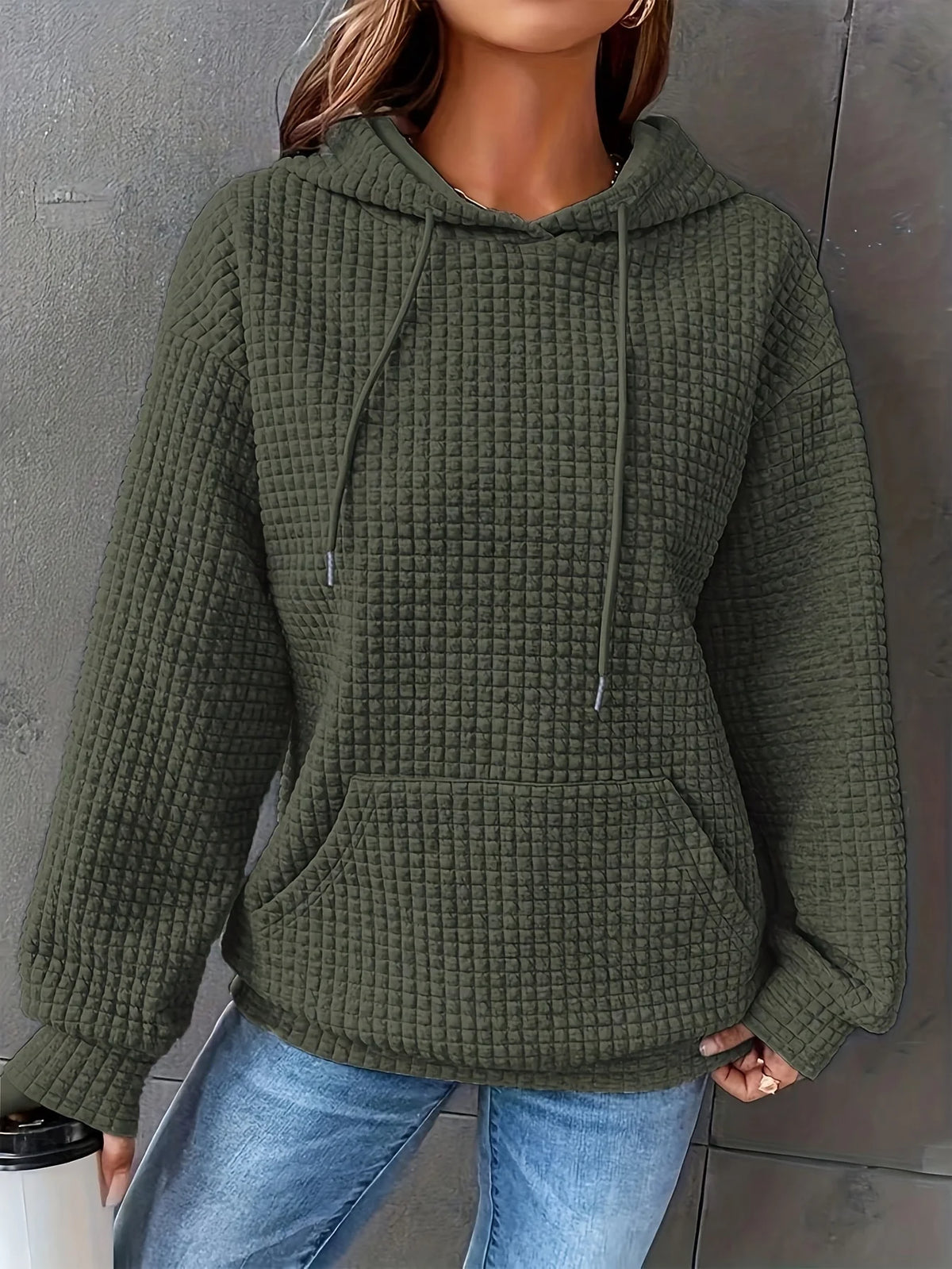Women Waffle Knit Hoodie Pullover Sweatshirt With Kangaroo Pocket