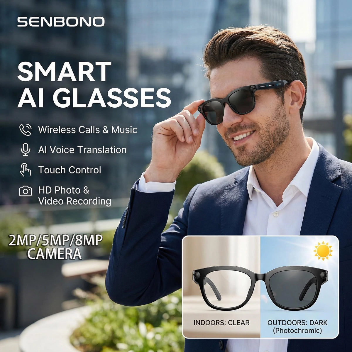 SENBONO AI Smart Glasses With Camera 4K Video AI Translation