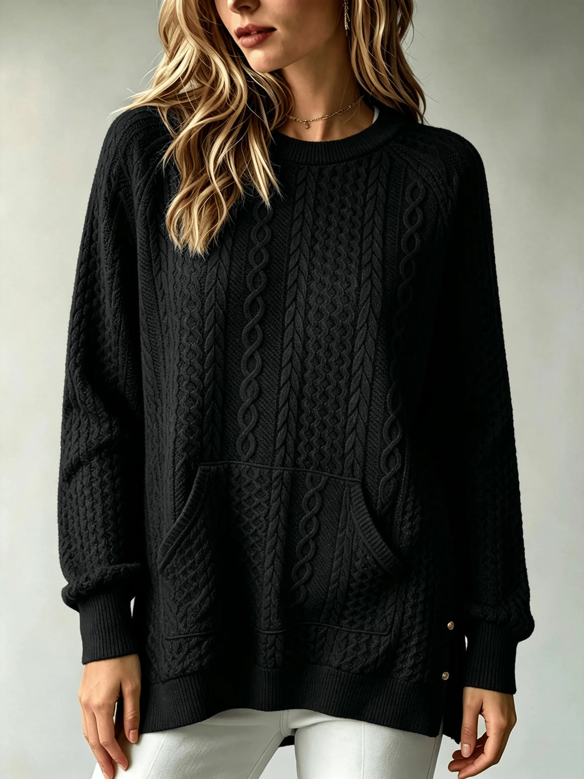 Women Cable Knit Sweater Kangaroo Pocket Long Sleeve Crew Neck