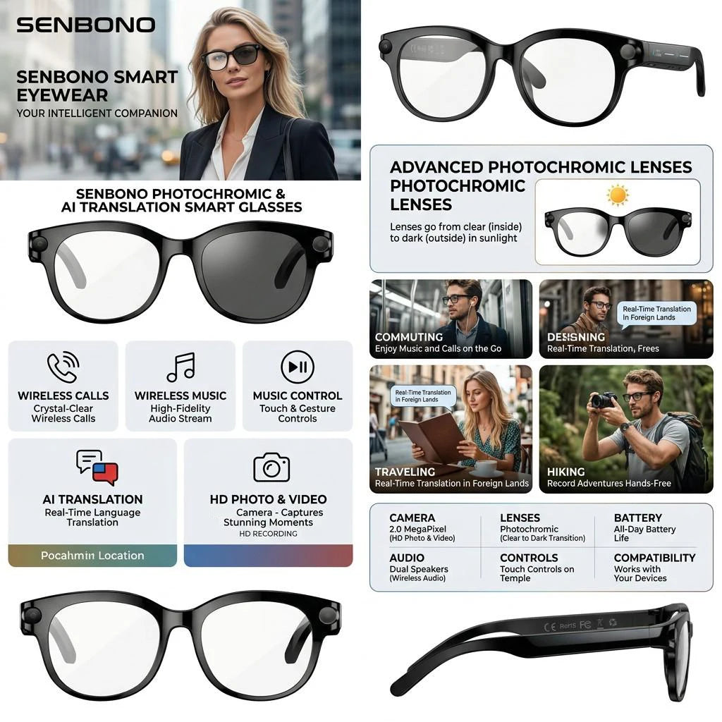 SENBONO AI Smart Glasses With Camera 4K Video AI Translation