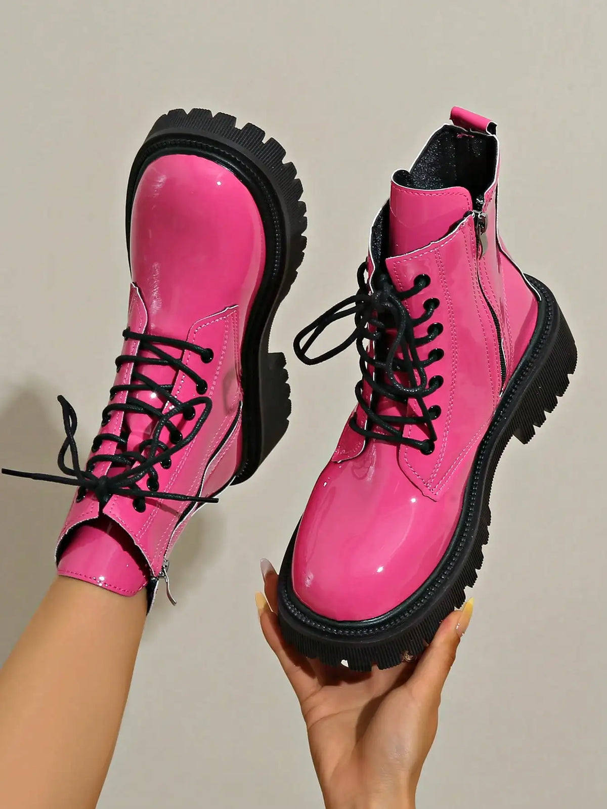 Women Leather Lace Up Platform Ankle Boots Thick Sole