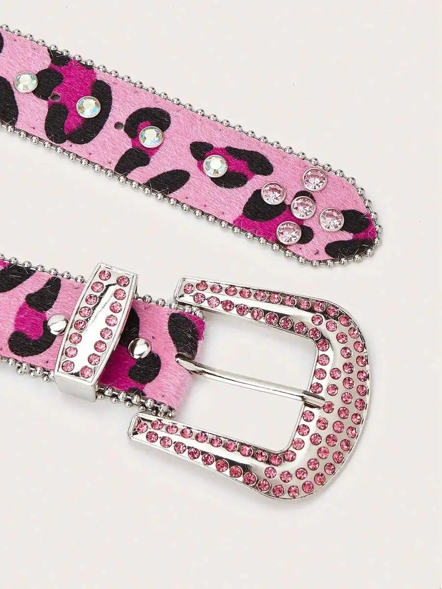 Women Y2K Punk Fashion Rhinestone Leopard PU Leather Belt