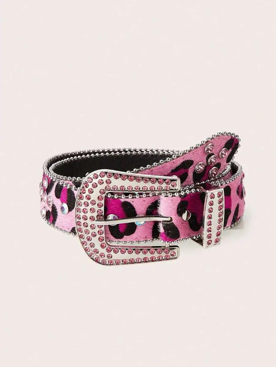 Women Y2K Punk Fashion Rhinestone Leopard PU Leather Belt