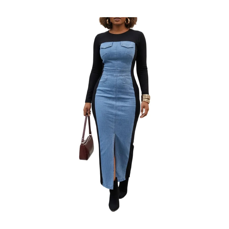 Women Patchwork Knit Polyester Casual Long Sleeve Front Slit Dress