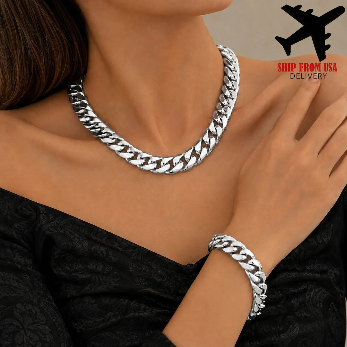 Polished Stainless Steel Miami Cuban Chain Necklace For Men