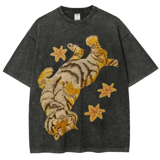 Vintage Washed Cotton Tiger Star Tee for Couples Graphic Hem