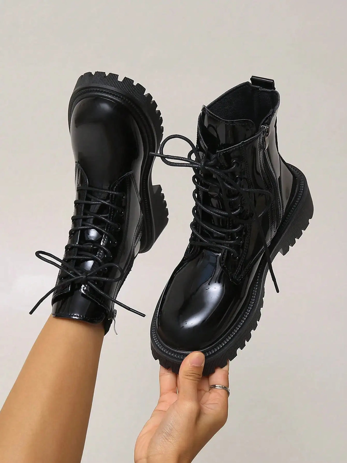 Women Leather Lace Up Platform Ankle Boots Thick Sole