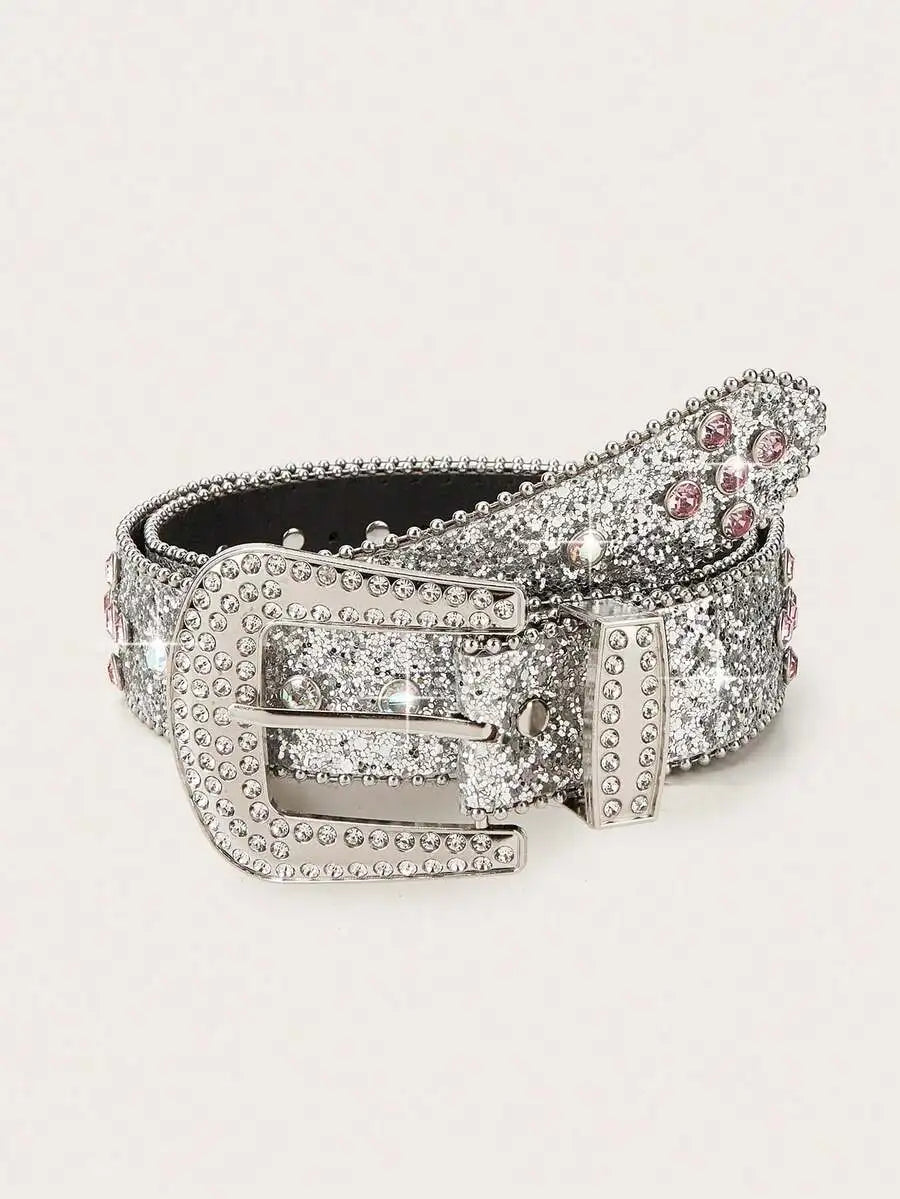 Women Y2K Punk Fashion Rhinestone Leopard PU Leather Belt