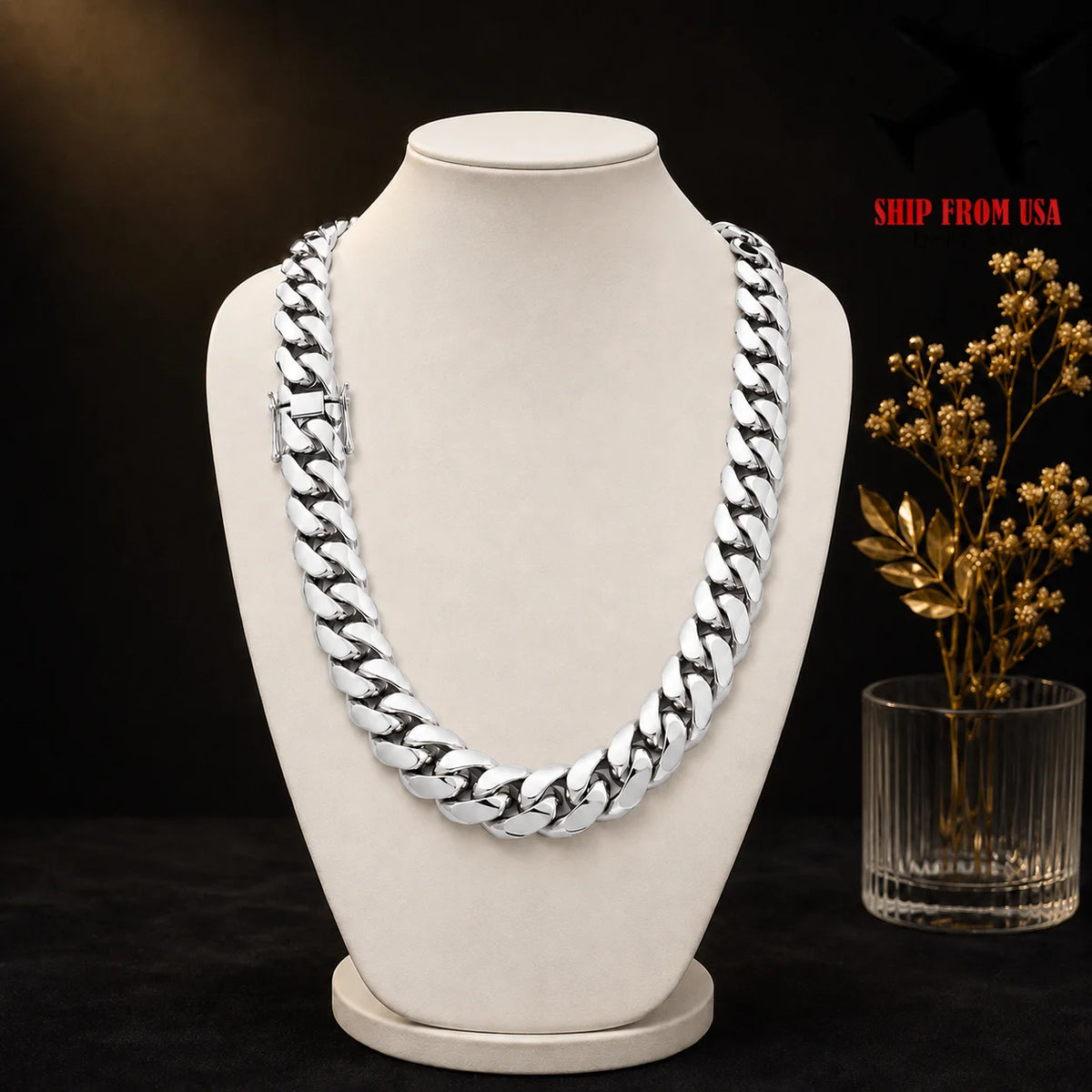 Polished Stainless Steel Miami Cuban Chain Necklace For Men
