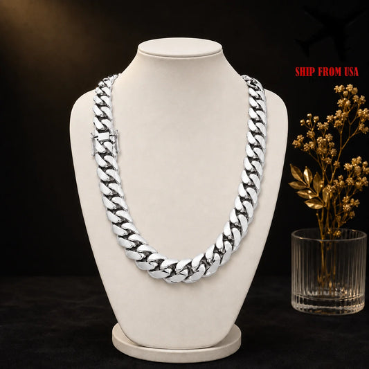 Polished Stainless Steel Miami Cuban Chain Necklace For Men